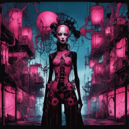 Radiation leak at the Barbie Factory, Nightmarish Surreal Mixed-Media Art by Paul Rumsey and Chris Bachalo and Gris Grimly, Double-Exposure, Shadows and Highlights, Tenebrism!, Volumetric lighting, dark colors, minimal, Unsettling Disturbing!, crimson and midnight_blue and dark_pink color scheme