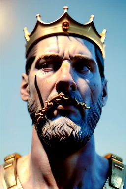 Ultra Realistic image, Roman sculpture, white marble material, Lionel Messi, gold crown of natural thorns, god crown, Renaissance style, sun rays background, waist up portrait, gold flecks, epic, celestial, cinematic lighting, God lights, 4k resolution, smooth details, soft lighting, unreal engine 5, art station, substance 3d.