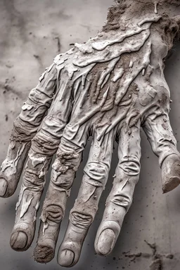 A big hand of a giant human textured with white powder and muddy skin with cracks and corrosion