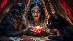 Hyper Realistic photographic-view of Wicked-&-Beautiful-Fortune-teller-with-glowing-red-eyes wearing black-crystal-necklace-&-bracelet angrily Looking at her crystal-ball glowing magically & sitting in her tent with a horrifying-black-cat at dark-night decorated with fancy-traditional-feathers-&-tarot-cards showing dramatic & cinematic ambiance