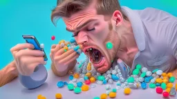 guy frantically swallowing a lot of small capsules while on the phone