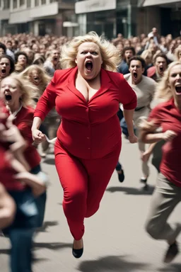 an obese terrified blonde woman in a red pant suit desperately running away from an angry mob of hundreds of people chasing her from far behind