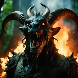 [a scene of Pan's Labyrinth (2006): summoning a devil] a low angle view with bokeh effect capturing the monstrous Laughing monster in all its fearsome glory. Smoke billows menacingly from its nostrils, swirling around its grotesque visage, while flames rage fiercely from its gaping maw, casting an eerie glow against the darkening sky. The Laughing monster's wicked laughter echoes through the valley, sending shivers down the spines of all who behold its menacing form.