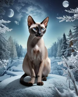 Front view at an angle of 1/2 or 5°». Emphasis: depict full-length Siamese Oriental shorthair cat <<‘ot a close-up - head, legs, ears, tail, whiskers>>. The cat takes up 3/10 of the entire image. A surrealistically complex, high quality <<Double exposure image>>. in the foreground in the center of the image the Siamese Oriental shorthair cat sits