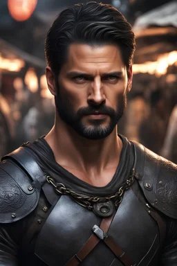 Adult man fusing Joe Manganiello+Manu Bennett's features, fair complexion, sporting short hair, intense eyes, warrior nomad, walking through a market, black medium leather armor, necklace, portrait, digital art, dramatic lighting, high detailed