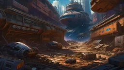 ground-level futuristic sci-fi clearing in a scrap yard for spaceships, surrounded by broken and rusty space ships and buildings, star wars