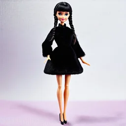 Barbie doll as Wednesday addams, braids, bangs, haute couture, wearing black fur