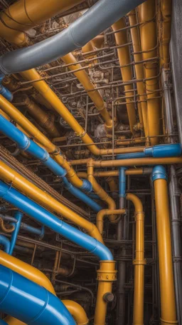 a complex tangle of pipes, joints, vortices of pipes, taps, drain pipes, like a kaleidoscopic tunnel