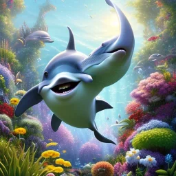 pixar style, volumetric summer garden environment and background, realistic painting of a cute dolphin, looking excited, detailed digital painting, extreme dense and fine fur, anime, ornate, colour-washed colors, elegant, small minutiae, tiny features, particulars, centered, smooth, sharp focus, renderman gofur render, 8k, uhd, detailed eyes, realistic shaded volumetric lighting, sunlight caustics, backlight, centered camera view