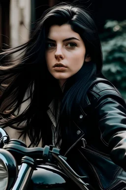 una chica en moto cabello negro