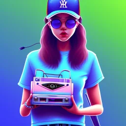 a girl wearing a baseball cap holding a small boombox in her hand, full shot. paint splashes, outrun, vaporware, shaded flat illustration, digital art, trending on artstation, highly detailed, fine detail, intricate