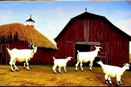  different Goats with different colors colors posing on a farm with a barn by Dali