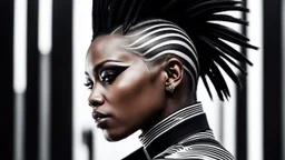 minimal profile of a female African cyberpunk wizard with a striking mohawk hairstyle and intricate shaved patterns on the side of their head, wearing a black and white horizontal thin striped shirt. The background is a blurred, high-contrast mix of black and white lines, suggesting motion and urban settings; overheat, dramatic, cinematic, sudden jolt dynamics, great parallels, great reflections, unsettling shadows, surreal futurist architecture art, surreal liminal space, tribal style,