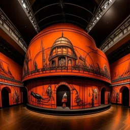 A dark orange colored cybernetic opera house designed in Bayeux tapestry painted by Pieter Bruegel the Elder
