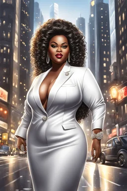 Create a digital airbrush cartoon of a plus size African American female wearing a white business suit with white heels. Prominent make up with hazel eyes. Highly detailed very long extremely curly black hair. She is wearing silver and diamond Jewely that shines of the lights. Her skin is smooth and silky. Background of a busy city street