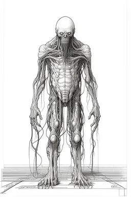 The full body of one fat old men , a thin line draw , front view camera, decayed and rotting with grotesque proportions and imagery. surreal horror, biomechanical design, by hr giger and beksinski , fine lines draw all white picture