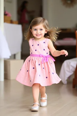 a pretty 5 years old girl with blue eyes and nice dress and shoes dancing and playing joyfully