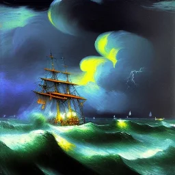 Dibujo al oleo de un Viejo Galeón Pirata navegando en la tormenta, Rayos y truenos, con nubes estilo Vincent van Gogh 8k