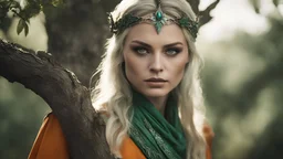 photoreal close-up of a thirty-year-old gorgeous Guardian high priestess of the Eladrin with leather skin with mystical eyes looking like margot robbie wearing green and orange garments looking down perching on a tree branch at dawn by lee jeffries, otherworldly creature, in the style of fantasy movies, photorealistic, shot on Hasselblad h6d-400c, zeiss prime lens, bokeh like f/0.8, tilt-shift lens 8k, high detail, smooth render, unreal engine 5, cinema 4d, HDR, dust effect, vivid colors