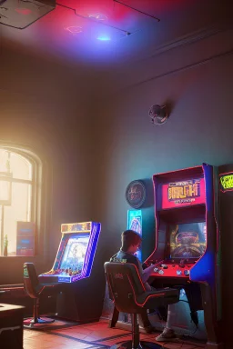 a millineal teenage boy is playing video arcade games, bright colored clothes from the 90s, hairstyles of that time