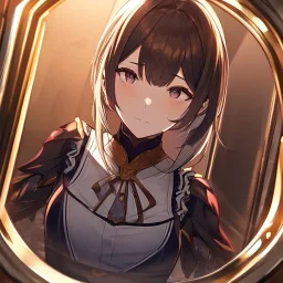 anime girl is looking at her reflection in the mirror.the reflection is distorted