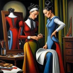 Two tailor women making dresses, fantasy style by artist "Catherine Abel" highly detailed elegant beautiful crisp quality, colourful, by artist "Salvador Dali", Renaissance, by artist "Jean Baptiste Monge"