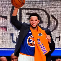 Jalen Brunson winning the NBA finals with the new york Knicks at Madison Square Garden and holding the MVP trophy above his head