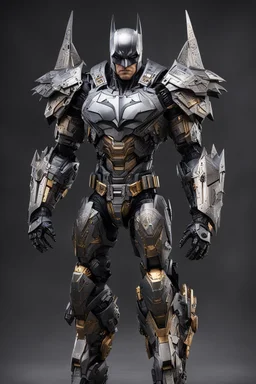 Fullbody photography front view of a Batman mech in transformative style, his metallic skin gleaming with intricate textures and intricate details, captured in an ultra-realistic style that blurs the lines between reality and imagination.