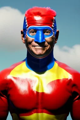 realistic image of joe biden as a mexican wrestling fighter posing, Mexican eyes wrestling mask, red and blue breeches, retro style, 80s, vibrant color, highly detailed, sky background, concept art, unreal engine 5, god rays, ray tracing, RTX, lumen lighting, ultra detail, volumetric lighting, 3d, finely drawn, high definition, high resolution.