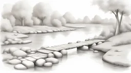 Sketch a cartoonish yet realistic image of a river with stepping stones allowing passage from one bank to another