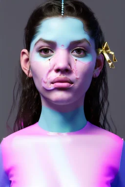 Ultra Realistic image, Rosalía artist, portrait, normal complexion, portrait, two bows with chopsticks hair , black eye long line, sweet face, t-shirt with holes, inflatable open coat, gold pink and blue style, spray glow make up, big geometric led jewelry, fog, hot, inflatable style latex coat, vibrant color, highly detailed, art stations, concept art, smooth, unreal engine 5, god rays, ray tracing, RTX, lumen lighting, ultra detail, volumetric lighting, 3d, finely drawn, high definitio