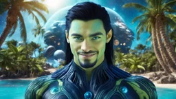 beautiful gorgeous young man na'vi with long hair, Avatar, blue skin, two small ears, green eyes, black hair, in cosmic suit, galactic ambiance, medium pointy goatee , smiling, with spaceship and planets and palm trees and clear crystaline cosmic beach in background