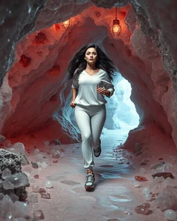 make a picture pretty crystal cave covered with jwells and 3d recursive cubic and sphere base pearls and Gemstone species, a beautiful goddess lady with curvy hair,makeup, in pretty modern today pants and loose shirt and sport shoes with jewels is running inside cave ,dynamic camera fallow her inside cave capturing full body, dynamic lights.