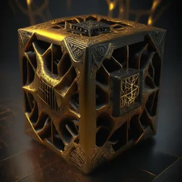 hellraiser cube of demons,movies, digital painting ,8k, digital art, award winning, octane render, 4K, 3D, Unreal Engine 5 , gold and black colours,hypperealistic,