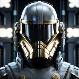 star wars bald male corellian pilot wearing pearlescent black and gunmetal grey First Order special forces heavy assault armor and helmet with gold trim inside the jedi temple, centered portrait, hyperdetailed, dynamic lighting, hyperdetailed background, 8k resolution, volumetric lighting, light skin, fully symmetric details