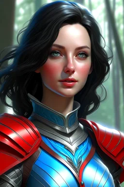 create an adult female air genasi from dungeons and dragons, black medium hair, light blue eyes, light blue skin, wavy hair, wearing red leather clothing, realistic, from waist up, digital painting, high resolution, forest background, a bit zoomed out