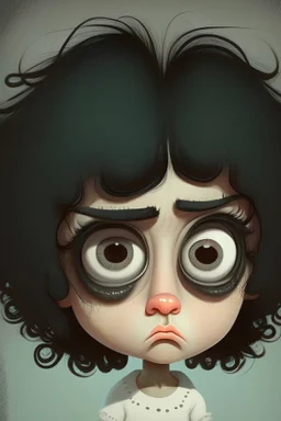 cartoon character of a cool girl with curly black hair with big eyes an small nose and white skin