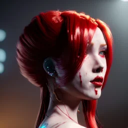 pretty red hair cyber woman, cold ambient, latex, cables, purpurin, blood, black, gold, piercings, brown, decorative color feathers, circuits, neon style, a lot of led lights, fog, rain, vibrant color, highly detailed, art stations, concept art, smooth, unreal engine 5, god rays, ray tracing, RTX, lumen lighting, ultra detail, volumetric lighting, 3d, finely drawn, high definition, high resolution.