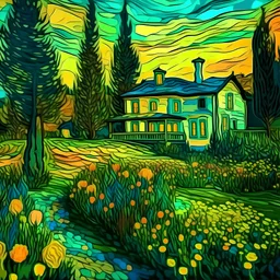 drawing of lawn full of flowers of all colors, van gogh style, modigliani, seurat, old style american house, trees, spruces, gaspé ocean, some far little mountains, cinematic lighting