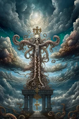 portrait of a cross with octopus arms outstretched up towards heaven, hair standing straight up, fluffy clouds,white pupils, elaborate cape, angels and demons, fireflies , staircase with closed gates of heaven, 4 k, down light, depth of field, trending on art station, high detail, cracked ground