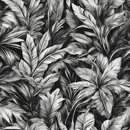 black and white banana leafs wallpaper pattern in vector lines, same line weight