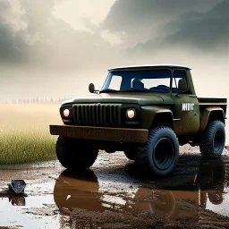 hyperrealistic shot, muddy military toy truck, monotone color palette, sharp focus, puddle reflection, tire water splash, refraction, mist on the horizon, shadowcast, detailed and intricate, cinematic composition