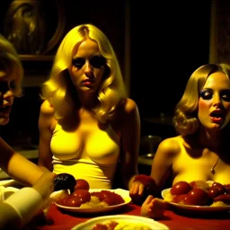 Horror movie shot, spooky, hot, ultra realistic, dine, horns, ultra realistic hot blonde prosperous women, year-end party, pieces of meat, organs, hot, ail, dynamic, hot, very excited people, hypermaximalist figures, light, 1970's Italian horror movie, sinister,, Dario Argento, Stanley Kubrik, ornate, 4k, photorealism