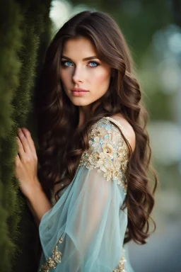 Portrait of a pretty18 year old girl with long wavy chocolate brown hair, swept over her left shoulder. Blue eyes.