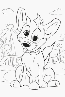 blank colouring book, white background, simple picture for toddlers, dog with one tail, four legs, smile on face, disney and pixar style