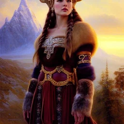 portrait beautiful face viking queen,braids,busty,horned helmet,snow,castle,mountains,ancient leather armor, balanciaga fashion clothe painting by gaston bussiere, greg rutkowski, yoji shinkawa, yoshitaka amano, tsutomu nihei, donato giancola, tim hildebrandt, oil on canvas, cinematic composition, extreme detail,fit full head inside picture,16k