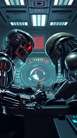 Arnold the terminator and the alien predator playing chess inside a space ship control room