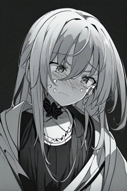 emotionless, numb, heartbroken, black and white, anime girl with black background