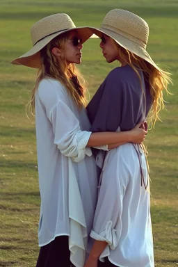 ((Mary-Kate and Ashley Olsen a warm hug)),Her laughter floats harmoniously with the sound of seagulls, infusing the air with a joyful melody. A vivacious energy radiates from her as she gracefully adjusts her oversized sun hat, casting a charming shadow on her sun-kissed face. The rhythmic crashing of waves seems to echo her carefree spirit.