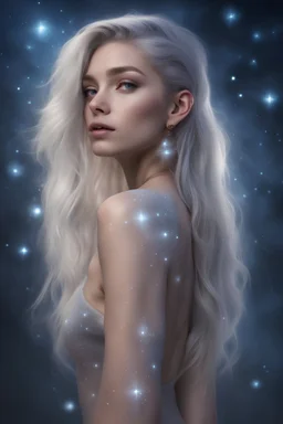 full body gorgeous ethereal female, looking over shoulder, piercings, beautiful face, mesmerizing starry eyes, smooth translucent skin, transcendental